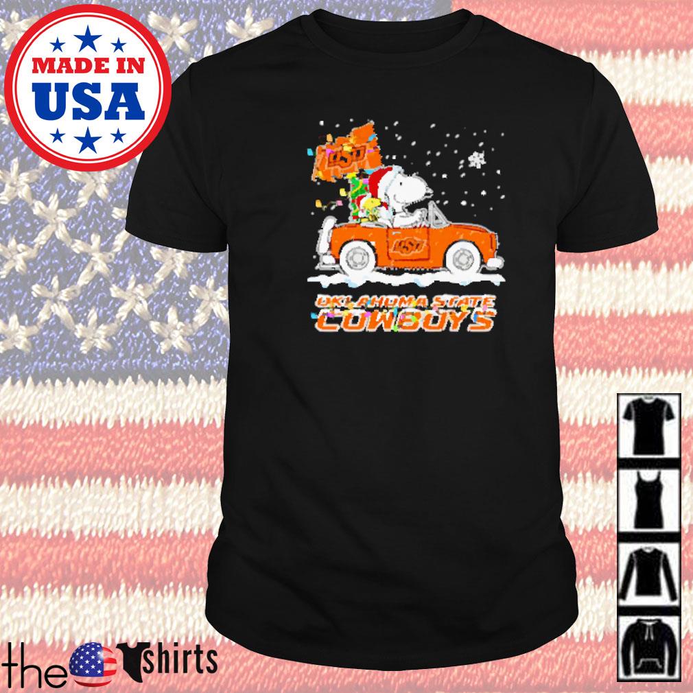 Snoopy and Woodstock driving car Oklahoma State Cowboys Christmas shirt